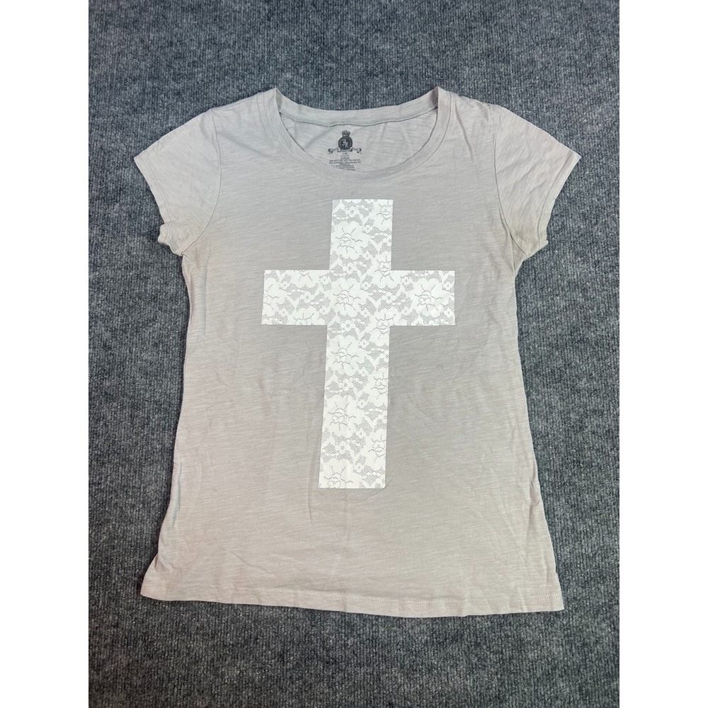 Juniors L Gray Cross Shirt Short Sleeve Graphic Tee Soft Grunge Y2K Festival